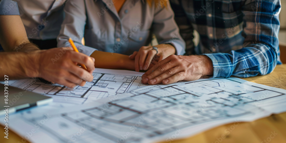 Close-up of a couple examining a house floor plan with a real estate agent, high-resolution, high-definition (HD), ultra high-definition (UHD), professional-grade Close-up of a couple examining a house floor plan with a real estate agent, high-resolution, high-definition (HD), ultra high-definition (UHD), professional-grade