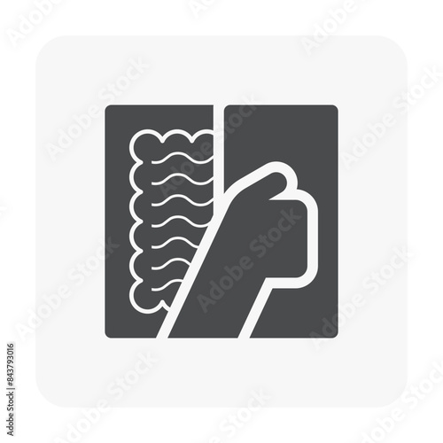 Tile floor construction and tool vector icon. Worker to apply adhesive glue or thinset mortar by wood screed trowel under surface of ceramic tile before lay, installation on floor for toilet, bathroom