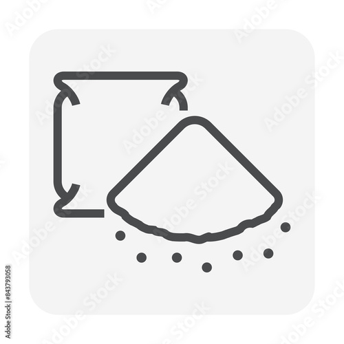Material vector icon consist of cement powder pile, sack or bag package. Product for mixing, concrete cement, mortar in construction industry. Concept for price, volume, weight. Editable stroke.
