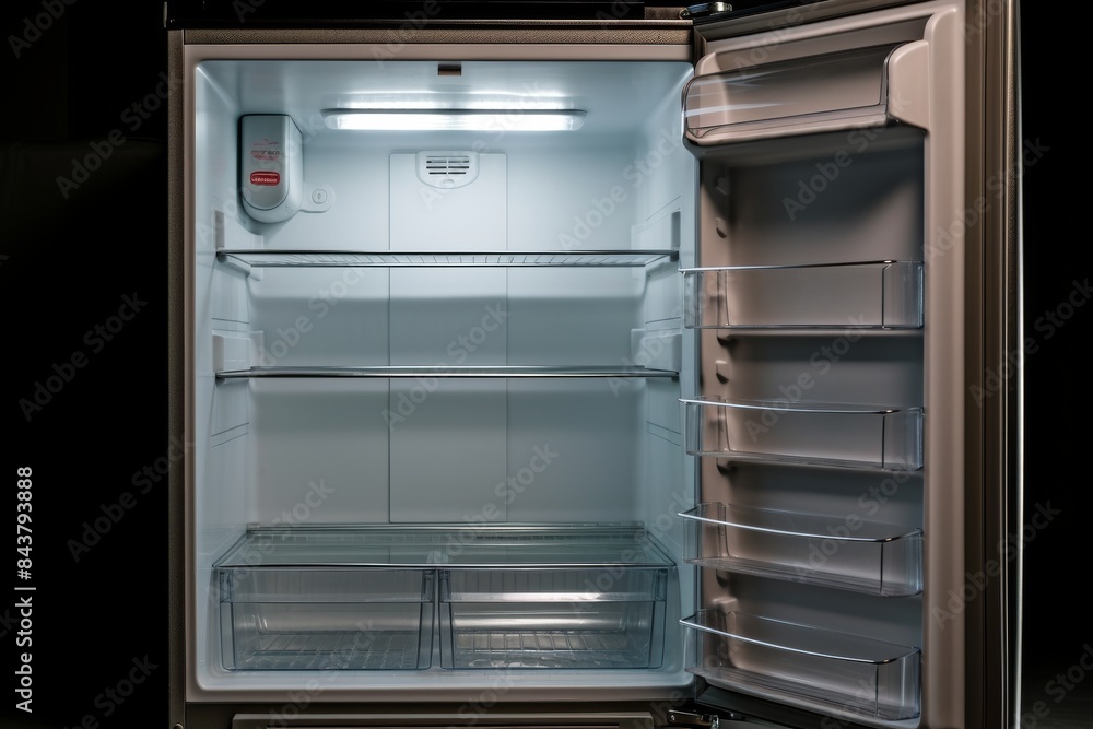 Interior View Of A Clean, Unstocked Fridge With Multiple Shelves And Storage Options. Generative AI Interior View Of A Clean, Unstocked Fridge With Multiple Shelves And Storage Options. Generative AI