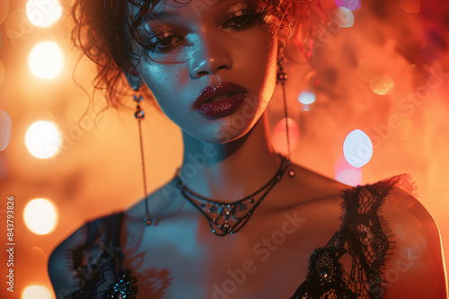 A glamorous runway model showcasing a high-fashion dress with bold makeup and intricate jewelry, strutting under bright lights in a chic urban setting.. AI generated. photo