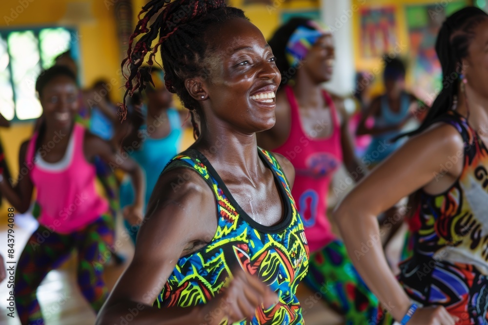 Vibrant African Dance Fitness Session with Enthusiastic Participants in Colorful Traditional Outfit