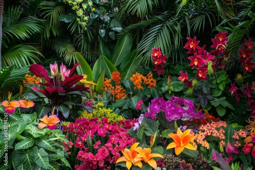 Vibrant Tropical Garden with Orchids  Hibiscus  and Plumeria - Perfect for Nature and Flora Designs