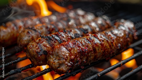 Grilled sausages with glimmering flames providing a warm, inviting backdrop highlighting the grilling process photo