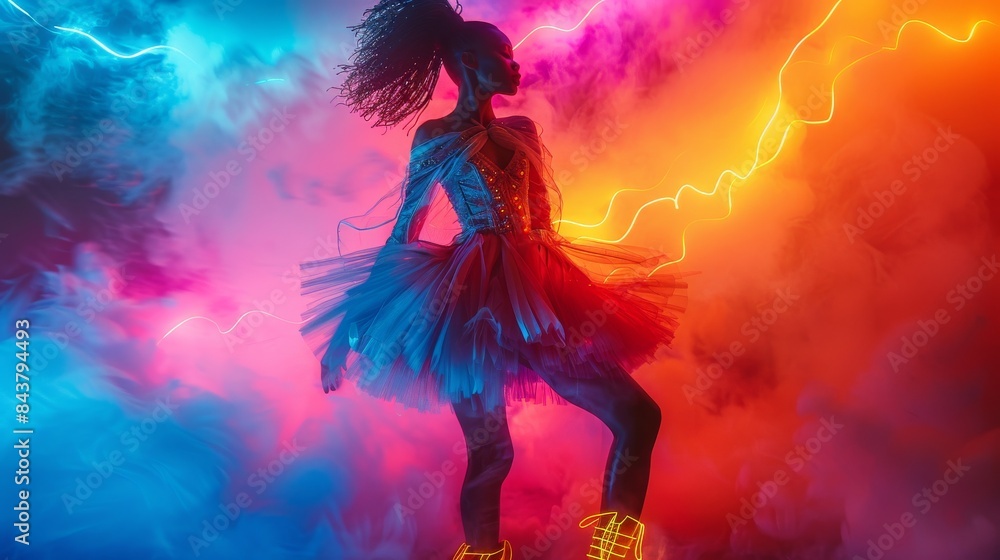 A dynamic image capturing a person in a dance pose enveloped in colorful neon smoke on a dark background A dynamic image capturing a person in a dance pose enveloped in colorful neon smoke on a dark background