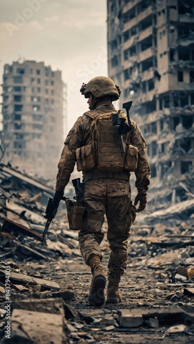 Amidst the destruction of the city, a lone soldier walks, the blurred background and bokeh effect enhancing the sense of desolation.