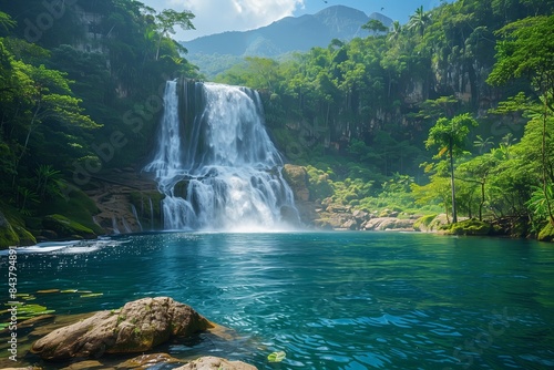 Tropical Jungle Waterfall Amid Lush Vegetation