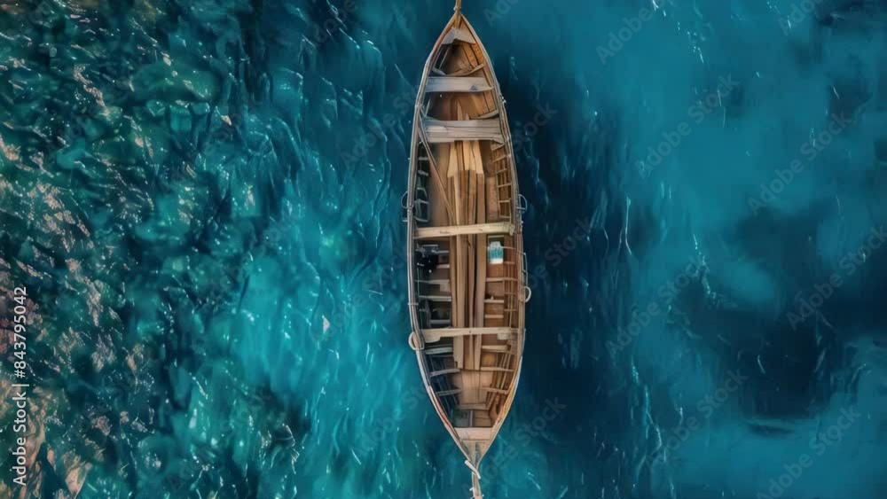 Boat is floating in ocean with blue sky in background Boat is floating in ocean with blue sky in background