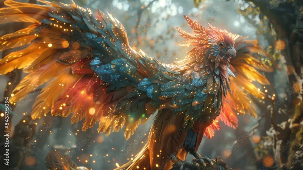A vibrant, mythical bird with colorful feathers in a magical forest, exuding a sense of fantasy and enchantment. A vibrant, mythical bird with colorful feathers in a magical forest, exuding a sense of fantasy and enchantment.