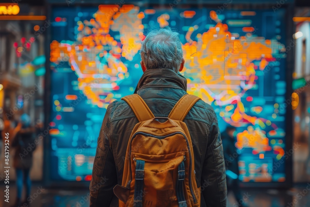 Middleaged person at a new beginning, digital map of future journey, vibrant colors Middleaged person at a new beginning, digital map of future journey, vibrant colors