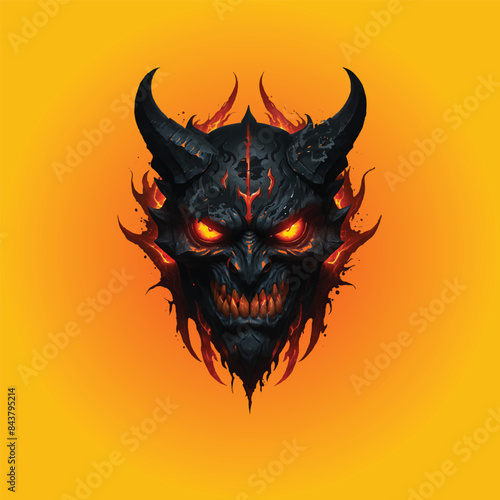 A close up of a demonic head with red eyes on transparent Background