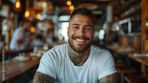 A smiling and strong man with tattoos in an empty restaurant