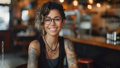 portrait of smiling woman with glasses and tattoos sitting at a table in a restaurant, the woman is wearing a black sleeveless top, she has short curly hair, photo