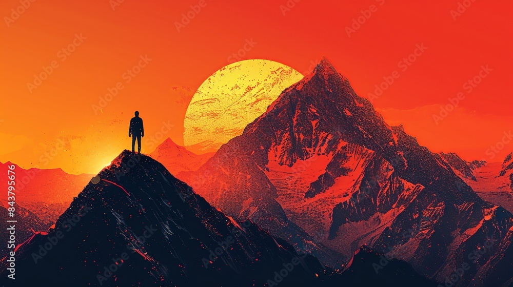 A lone figure at the base of a tall mountain, gazing up at the peak ...