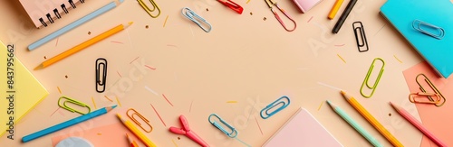 Colorful pencils, school supplies on a trendy beige light background. Many Office Stationery Items flat lay. Back to school concept. College tools props accessories. Top view, copy space. Wide banner