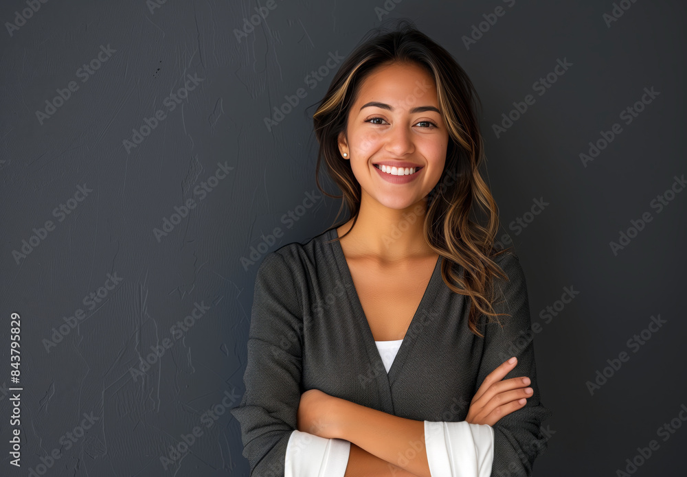 Portrait of a smiling business woman standing with her arms crossed looking at the camera over a grey background Portrait of a smiling business woman standing with her arms crossed looking at the camera over a grey background