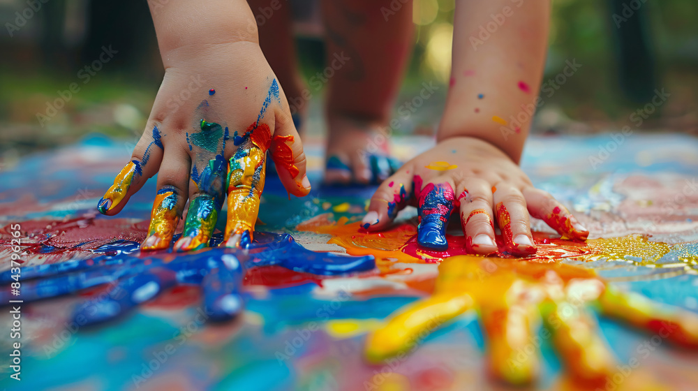 Expressive Bond: Parent and Child Creating Handprint Art Together on Canvas with Colorful Ink, Symbolizing Creativity and Love Expressive Bond: Parent and Child Creating Handprint Art Together on Canvas with Colorful Ink, Symbolizing Creativity and Love