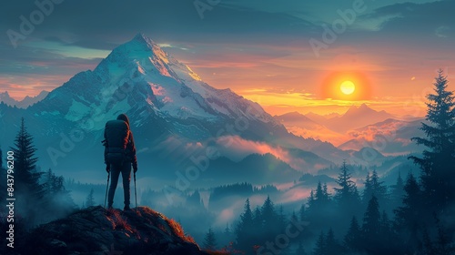 A lone hiker starting at dawn in a misty valley, reaching the sunlit peak of a mountain, illustrating the journey from the start to the pinnacle of success. Clipart illustration style, clean, Minimal,