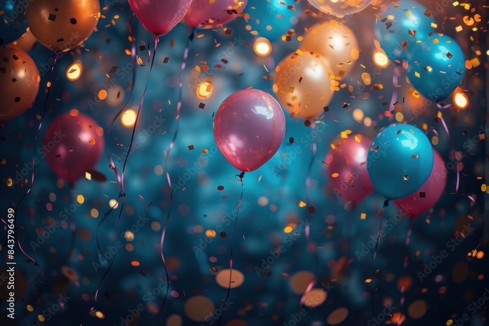 Bright and joyful party scene with lights, confetti, balloons, and serpentine Bright and joyful party scene with lights, confetti, balloons, and serpentine