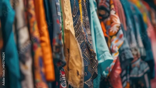Row of colorful clothes hanging on rack photo