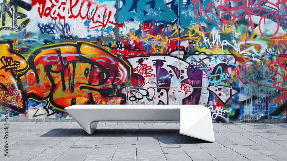 Fototapeta premium Contrast in the Concrete Jungle: Graffiti Splendor Meets Minimalist Sculpture