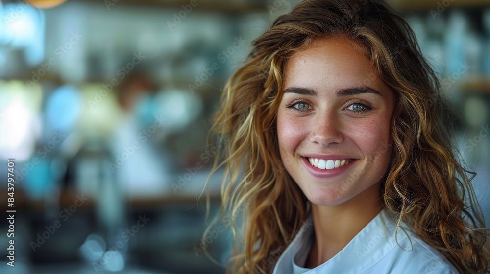 Portrait of a cheerful young woman with curly hair and sparkling eyes smiling at the camera Portrait of a cheerful young woman with curly hair and sparkling eyes smiling at the camera