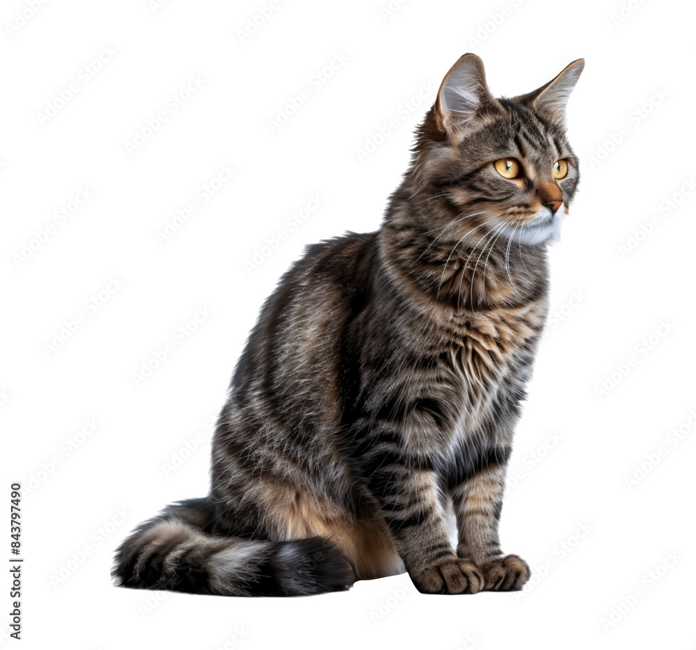 Obraz premium Tabby cat with bright yellow eyes sits alertly, its gaze fixed on something off.