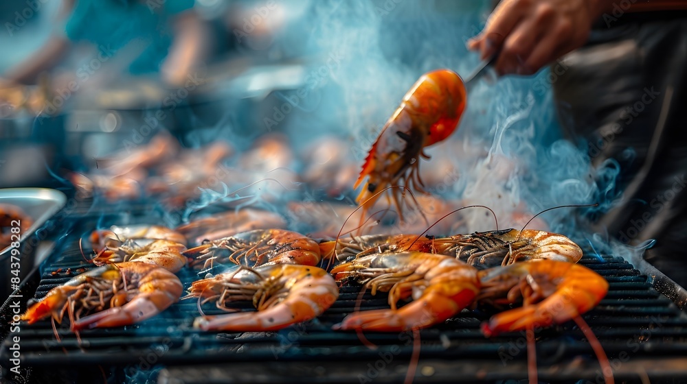 Grilled River Prawns in Vibrant Street Market Atmosphere Grilled River Prawns in Vibrant Street Market Atmosphere