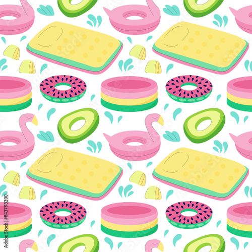 Different swimming rings and air mattress flat vector seamless pattern