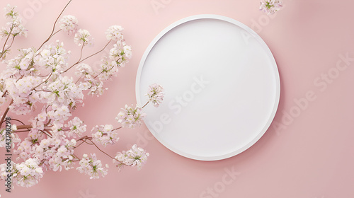 Pearl make up powder with white flowers on pink pastel background Copy space Top view ,, abstract background, round podium for product presentation, cream color, spring flowers, white petals