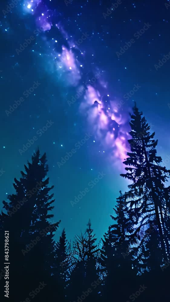 Time lapse of Milky Way galaxy over forest and aurora Time lapse of Milky Way galaxy over forest and aurora