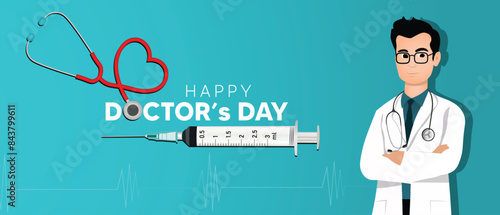 happy doctor's day doctor standing with stethoscope cartoon vector poster 