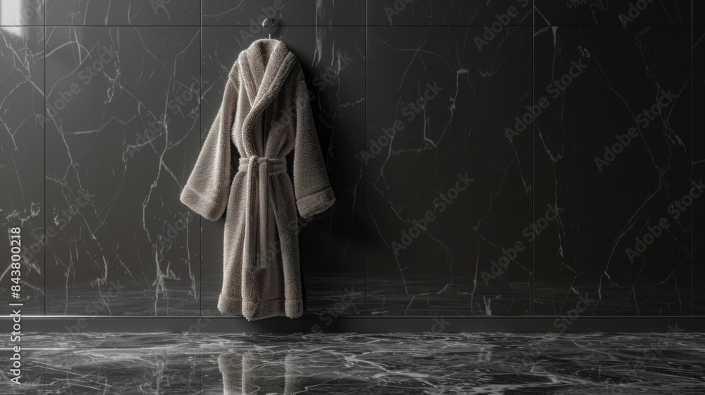 Naklejka premium a modern minimalist bathroom, a chic, fluffy, gray bathrobe elegantly hung against a sleek black wall, reflections in a glossy marble floor, sophisticated and serene.
