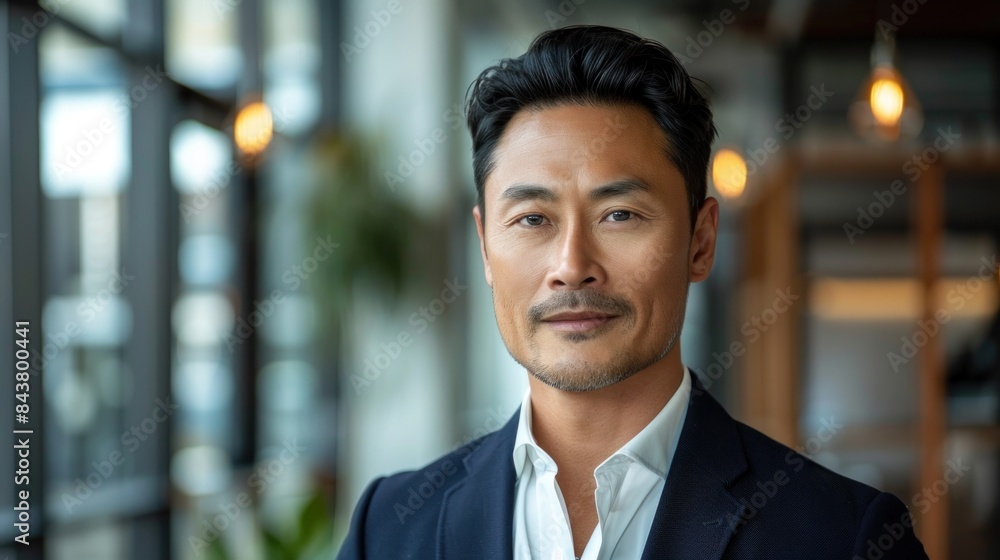 Portrait of a middle-aged Asian man in a business suit, standing confidently in an office setting with a subtle smile. Portrait of a middle-aged Asian man in a business suit, standing confidently in an office setting with a subtle smile.