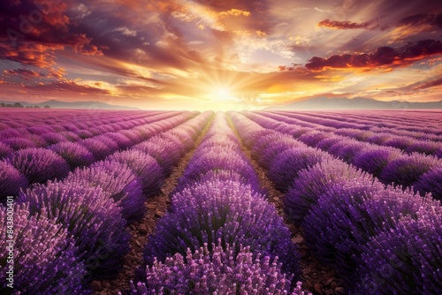 Enchanting Lavender Field at Sunset  Rows of Purple Flowers Under Vibrant Sky for Beautiful Landscape Prints