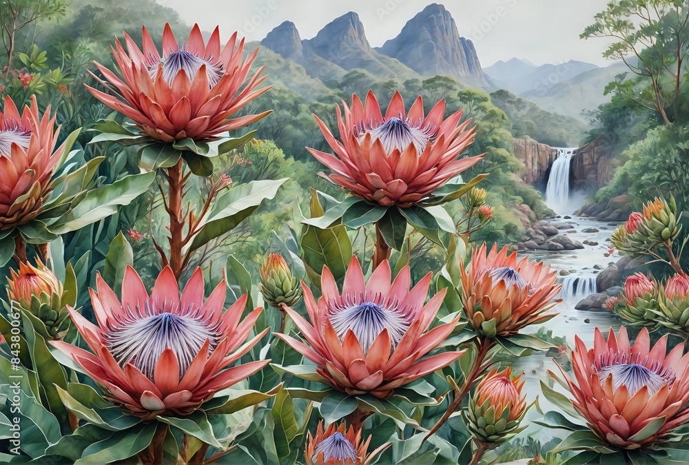 King Protea Flower Bundle, 20 Stems and Leaves in a Landscape King Protea Flower Bundle, 20 Stems and Leaves in a Landscape