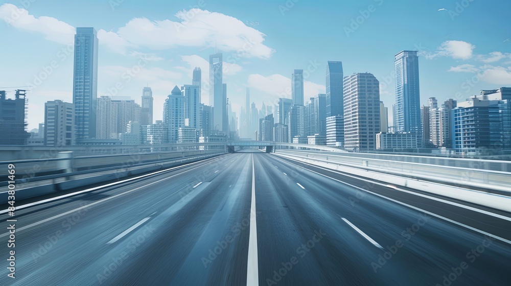 Fototapeta premium high way with a wide futuristic road going through a tunnel, A sense of speed, View from a tunnel, futuristic city skyline