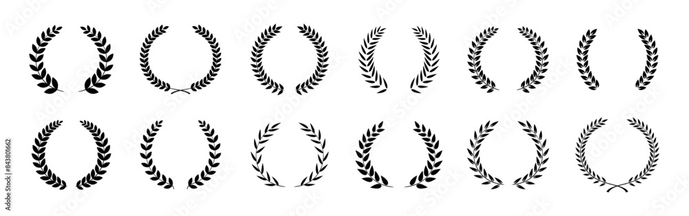 Set of black circular foliate laurels branches. Laurel wreath. Silhouette vintage laurel wreaths collection. Heraldic trophy crest. Greek olive branch award, winner. Set of black circular foliate laurels branches. Laurel wreath. Silhouette vintage laurel wreaths collection. Heraldic trophy crest. Greek olive branch award, winner.