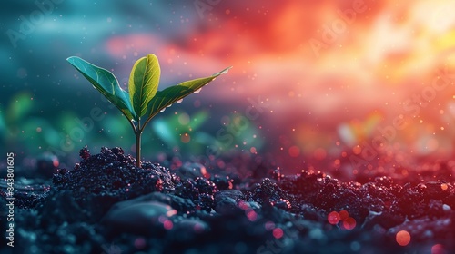 A tiny seedling breaking through the soil, with the background gradually transitioning to a fully grown, flourishing tree, illustrating growth from nothing to greatness. Clipart illustration style,