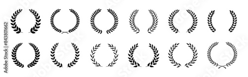 Set of black circular foliate laurels branches. Laurel wreath. Silhouette vintage laurel wreaths collection. Heraldic trophy crest. Greek olive branch award, winner.