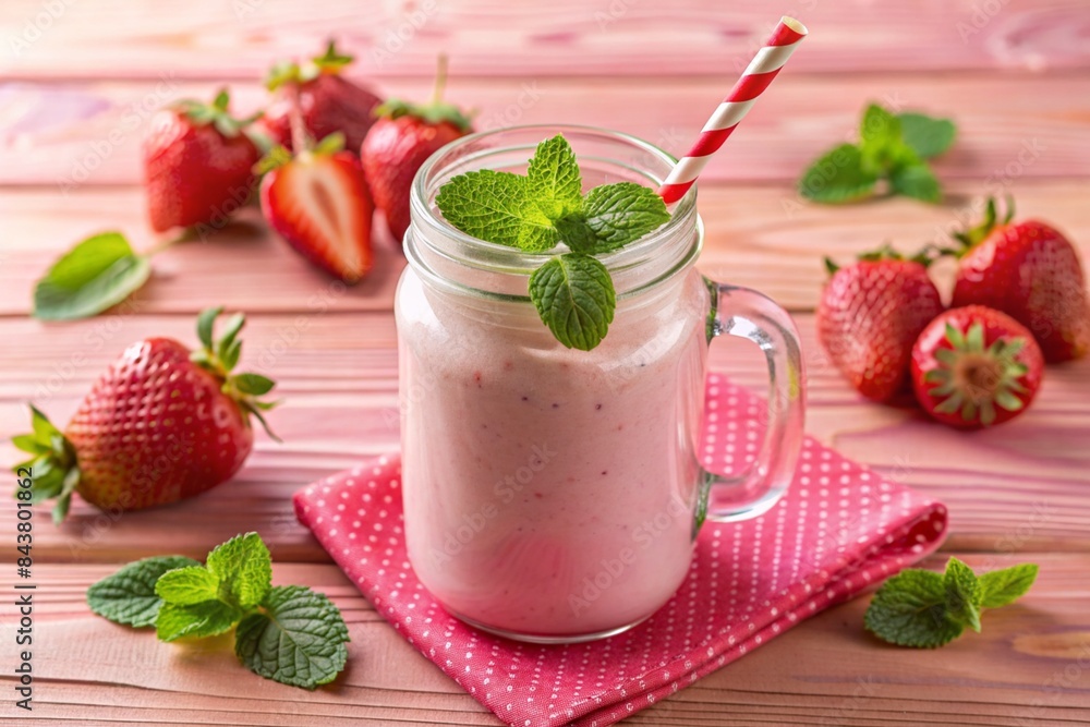 Strawberry shake or milkshake in a jar decorated with mint on a pink table. Healthy food for breakfast and snacks. Strawberry shake or milkshake in a jar decorated with mint on a pink table. Healthy food for breakfast and snacks.