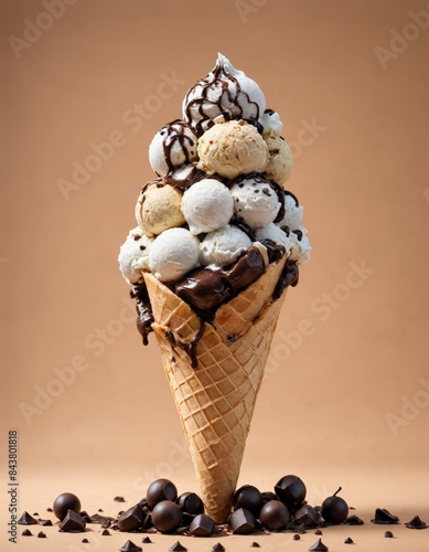 A variety of ice cream flavors on a waffle cone, surrounded by several chocolate truffles, against a neutral background. 
