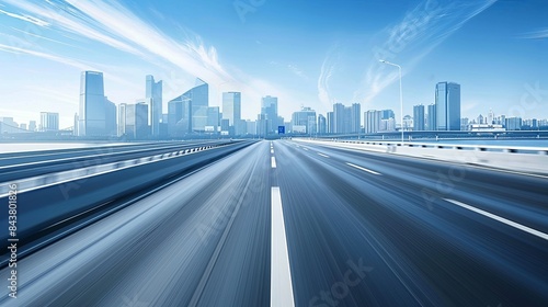 high way with a wide futuristic road going through a tunnel  A sense of speed  View from a tunnel  futuristic city skyline