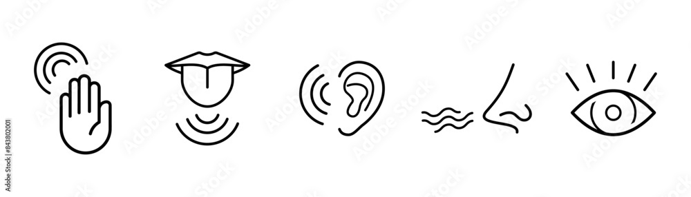 Five human senses editable stroke outline icons set isolated on white background flat vector illustration. Pixel perfect. Five human senses editable stroke outline icons set isolated on white background flat vector illustration. Pixel perfect.