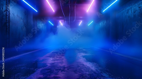 Dark empty street scene neon lights dark blue background