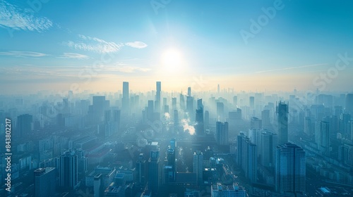 A bustling city skyline with clean air, highlighting the environmental benefits of hydrogen fuel cells.