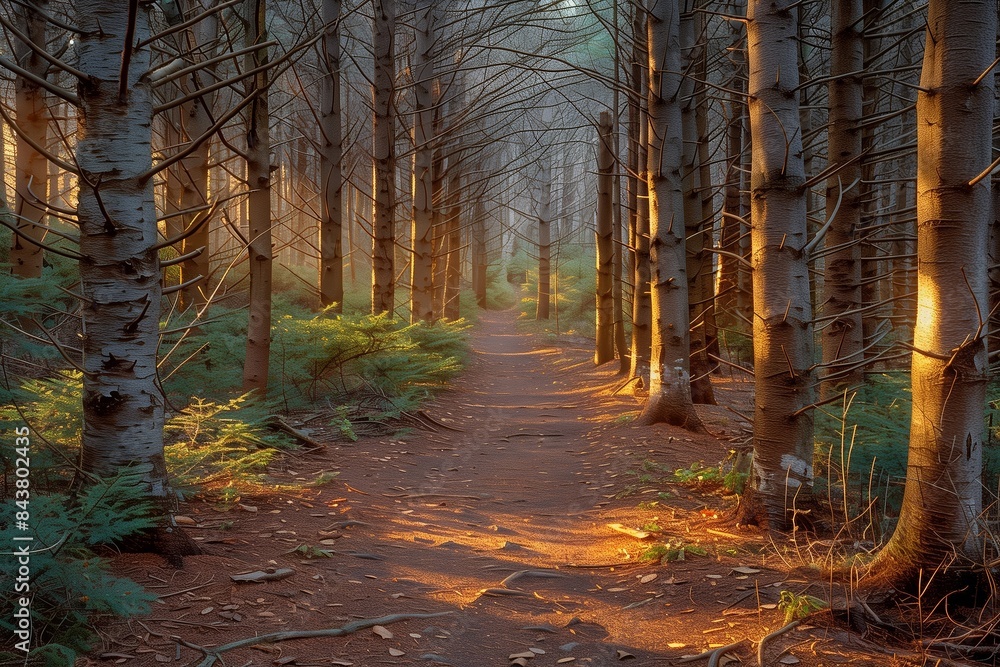 Obraz premium Tranquil Forest Path: Sunlight and Towering Trees