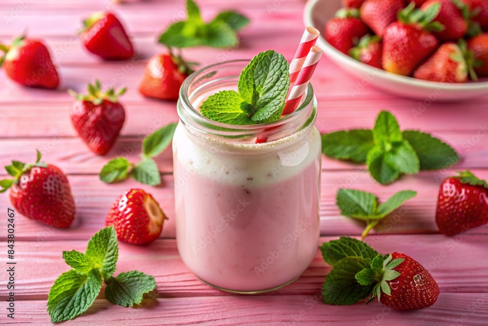 Strawberry shake or milkshake in a jar decorated with mint on a pink table. Healthy food for breakfast and snacks. Strawberry shake or milkshake in a jar decorated with mint on a pink table. Healthy food for breakfast and snacks.