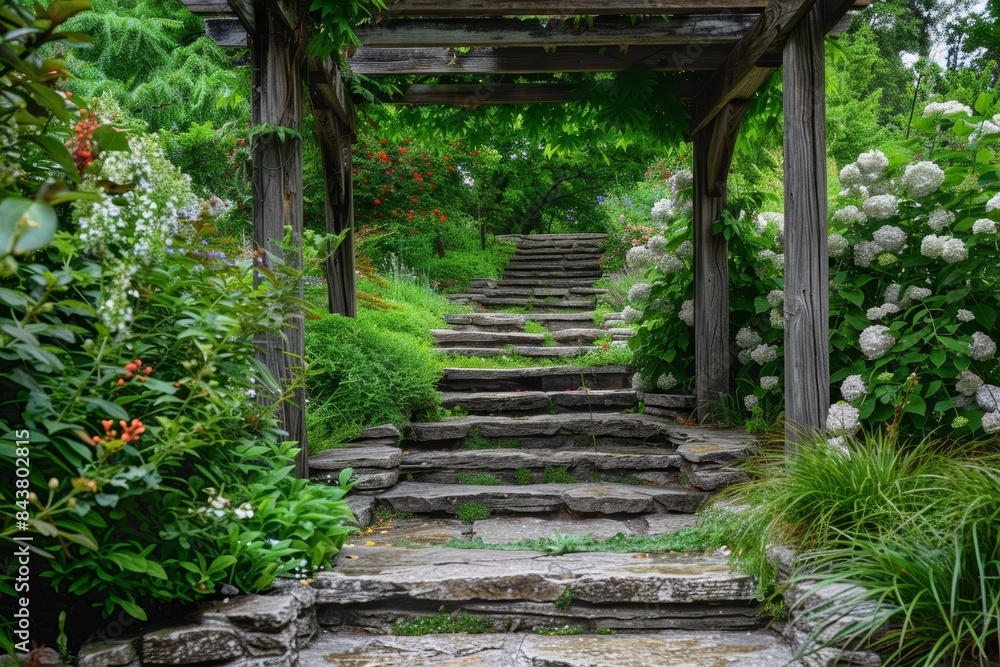 Tranquil Garden Path with Stone Steps, Tall Flowering Plants, and Wooden Arbor Entrance Tranquil Garden Path with Stone Steps, Tall Flowering Plants, and Wooden Arbor Entrance