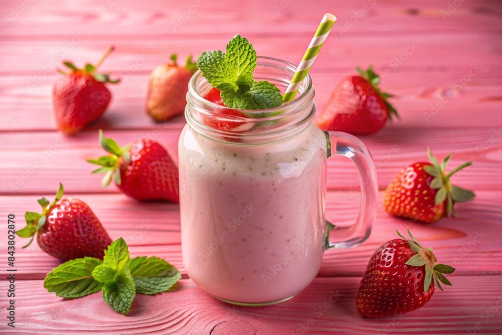 Strawberry shake or milkshake in a jar decorated with mint on a pink table. Healthy food for breakfast and snacks. Strawberry shake or milkshake in a jar decorated with mint on a pink table. Healthy food for breakfast and snacks.